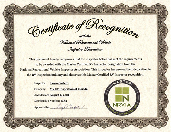 NRVIA Master Certified RV Inspector